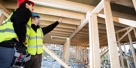 Carpenter Pointing At Roof While Standing By Colleague